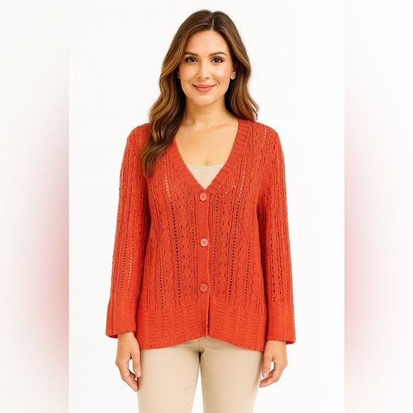 Talbots Open Stitch V-Neck Button Down Pima Cotton Cable Knit Cardigan pointelle - Picture 1 of 11